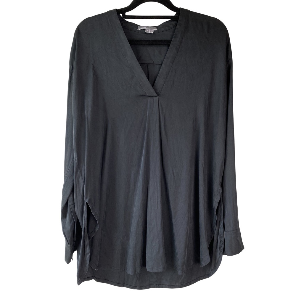 Vince Womens Stretch Silk Tunic Blouse S Black V Neck Popover Minimalist Basic